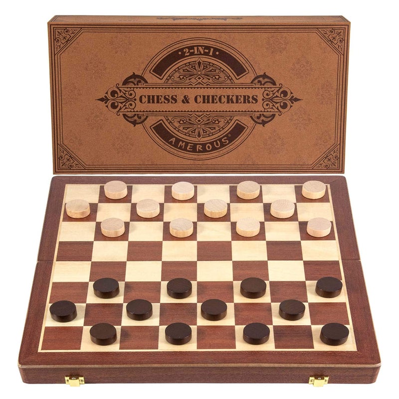 AMEROUS 15 Inches Magnetic Wooden Chess & Checkers Set (2 in 1) - Folding Board -Gift Box Packed -24 Cherkers Pieces -2 Extra Queens, Beginner Chess Set for Kids and Adults - Image 2